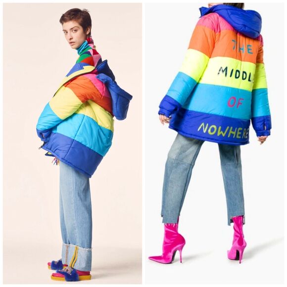 Mira Mikati Middle Of Nowhere Rainbow Stripe Hooded Puffer Coat $685 Size 2 - Picture 1 of 12